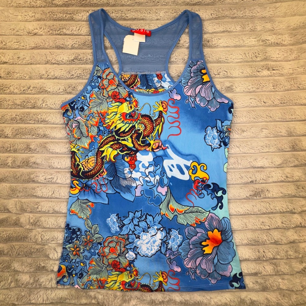 Natori Womens Small Blue Japanese Dragon Racerback‎ Tank Top Built-in-Bra Y2K - Picture 2 of 10